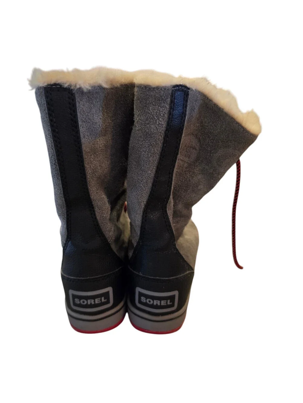 Sorel Women's Sz 7.5 Glacy Lace Snow Boots Gray Suede w/ Red Laces